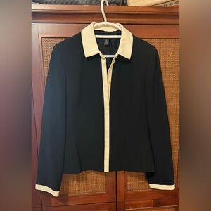 Timeless Ann Taylor Black Blazer with Cream Trim Year Round Fabric